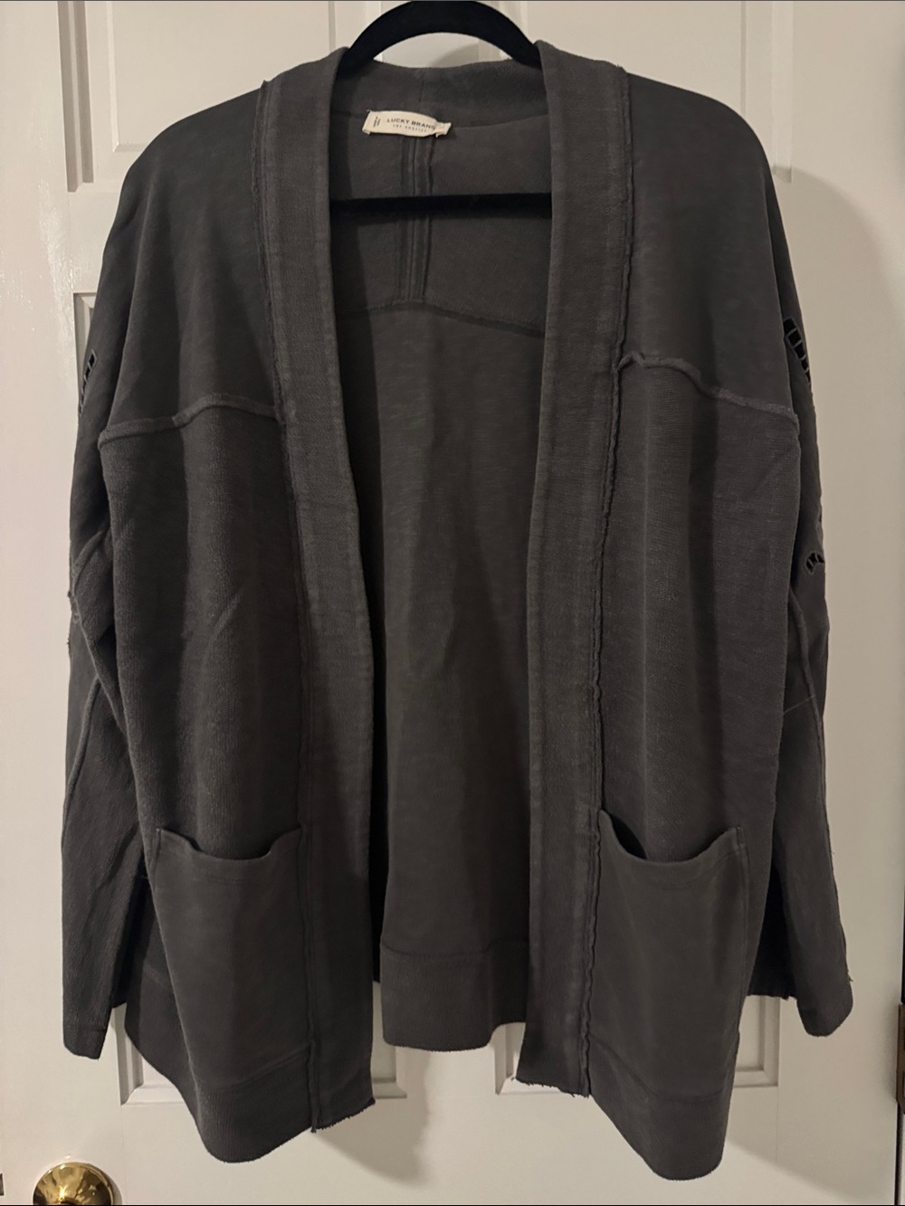 Luckys Open-Front Gray Pocket Cardigan Jacket with cutouts